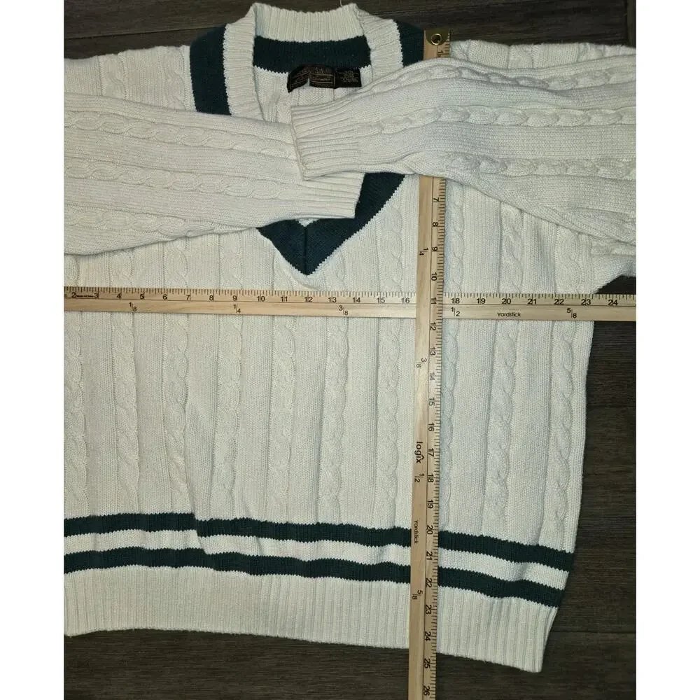 VTG Eddie Bauer Green Cable Knit V-Neck Sweater Men’s Size XL. Tennis USA